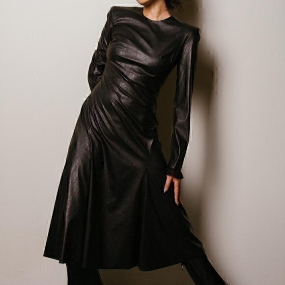 Philosophy di Lorenzo Serafini Faux Leather Midi Dress with Lace Cuff - Picture 1 of 4